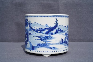 A large Chinese blue and white tripod censer with figures in a landscape, Kangxi